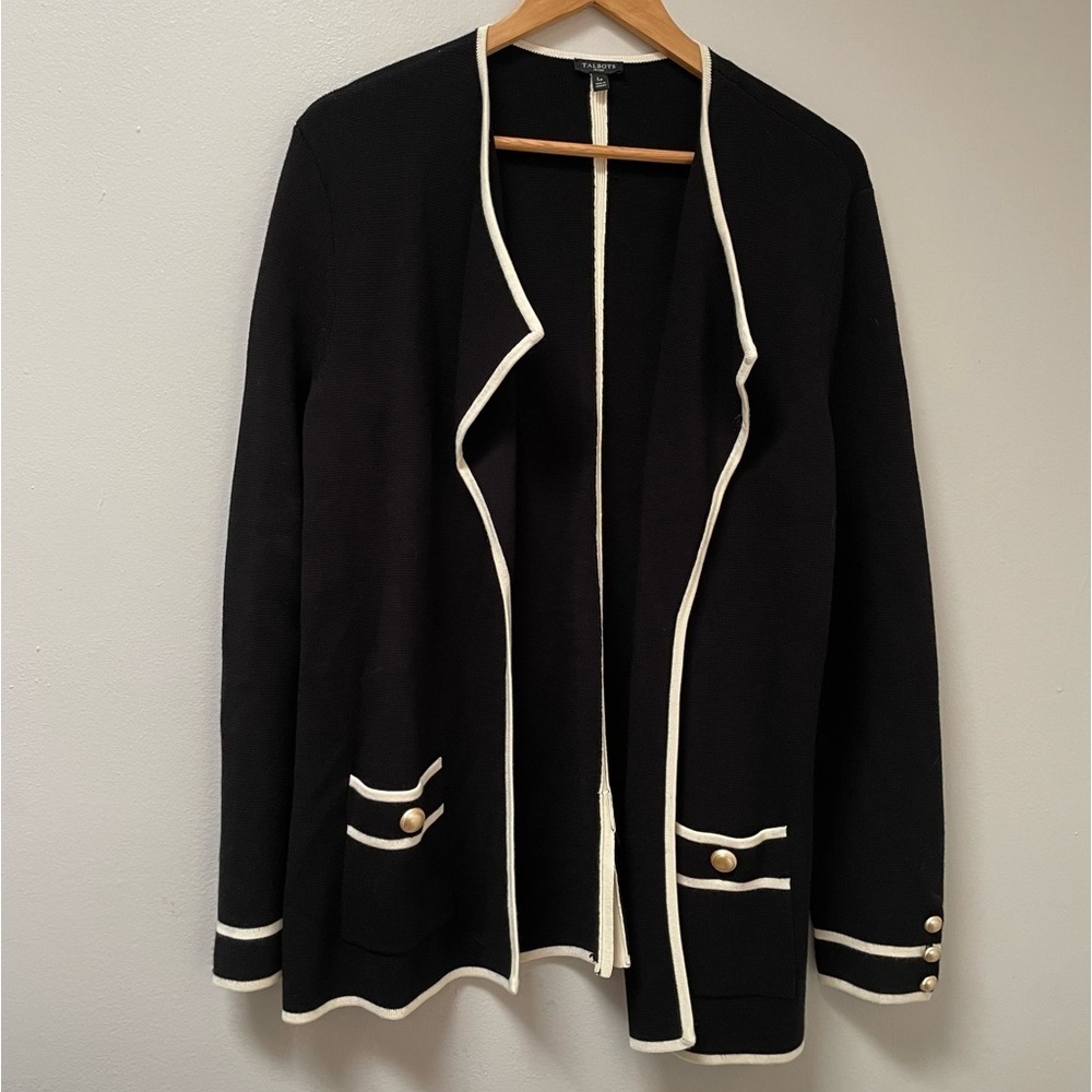 Talbots Size XL Black Off White Trim Gold Buttons Open Front Cardigan Coat